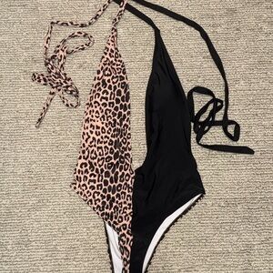 Leopard Print and Black One-Piece Swimsuit